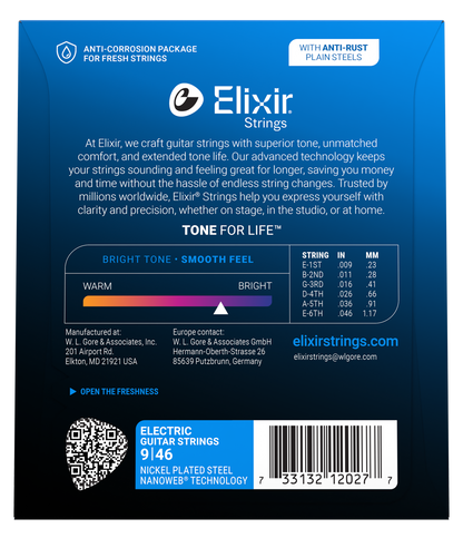 Elixir Nanoweb Nickel Plated Steel Electric Guitar Strings E12027 Custom Light (9-46)