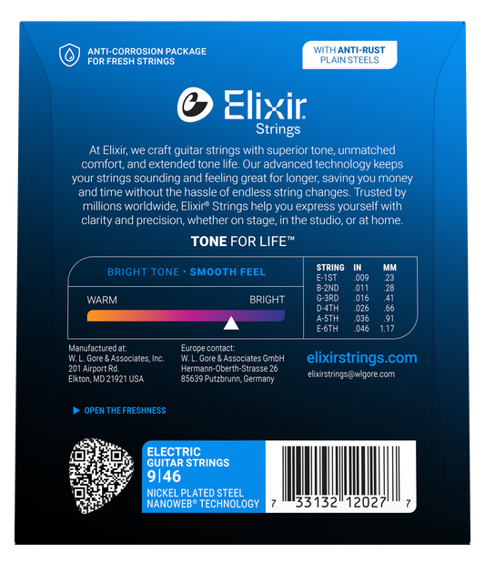 Elixir Nanoweb Nickel Plated Steel Electric Guitar Strings E12027 Custom Light (9-46)