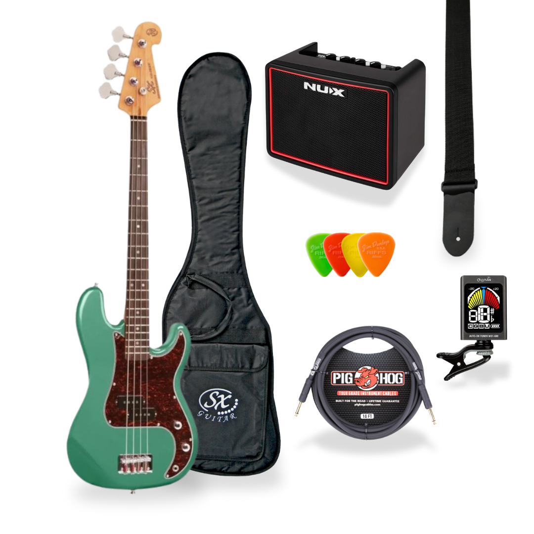 Southside Pack: SX VEP34VGN 3/4-Sized Right-Handed Precision-Style Bass Guitar in Vintage Green