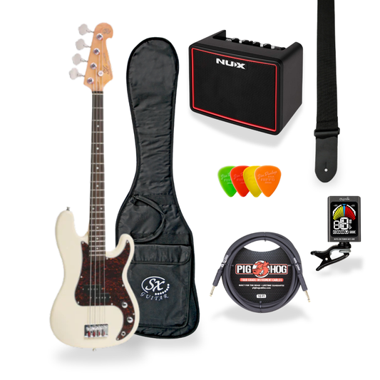 Southside Pack: SX VEP34VWH 3/4-Sized Right-Handed Precision-Style Bass Guitar in Vintage White