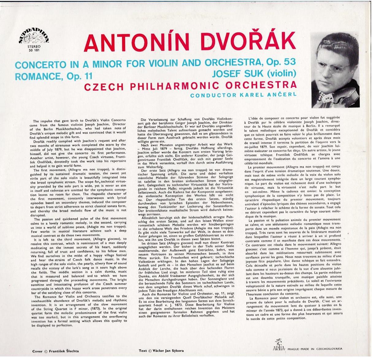 Antonín Dvořák - Josef Suk, Czech Philharmonic Orchestra, Karel Ančerl – Violin Concerto, Romance For Violin (Vinyl, LP, Album, Mono)