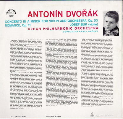 Antonín Dvořák - Josef Suk, Czech Philharmonic Orchestra, Karel Ančerl – Violin Concerto, Romance For Violin (Vinyl, LP, Album, Mono)