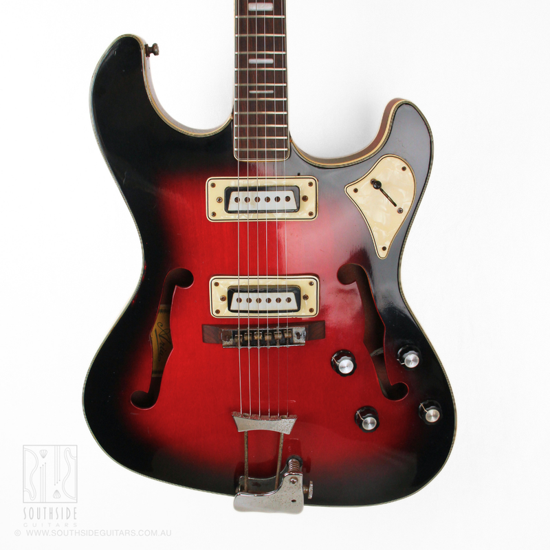 1960s Aria MIJ Offset Hollowbody Thinline Electric Guitar in Red Burst
