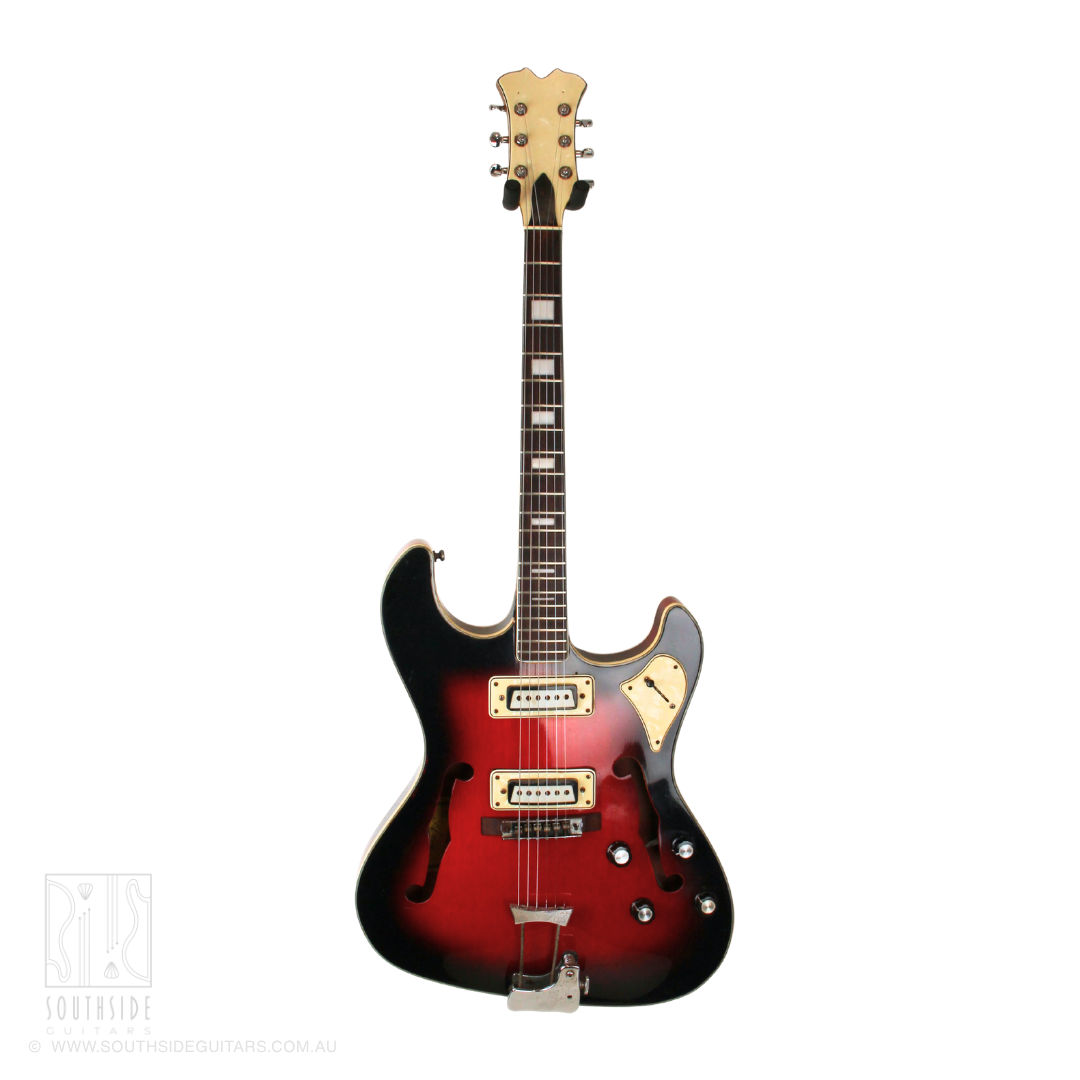 1960s Aria MIJ Offset Hollowbody Thinline Electric Guitar in Red Burst