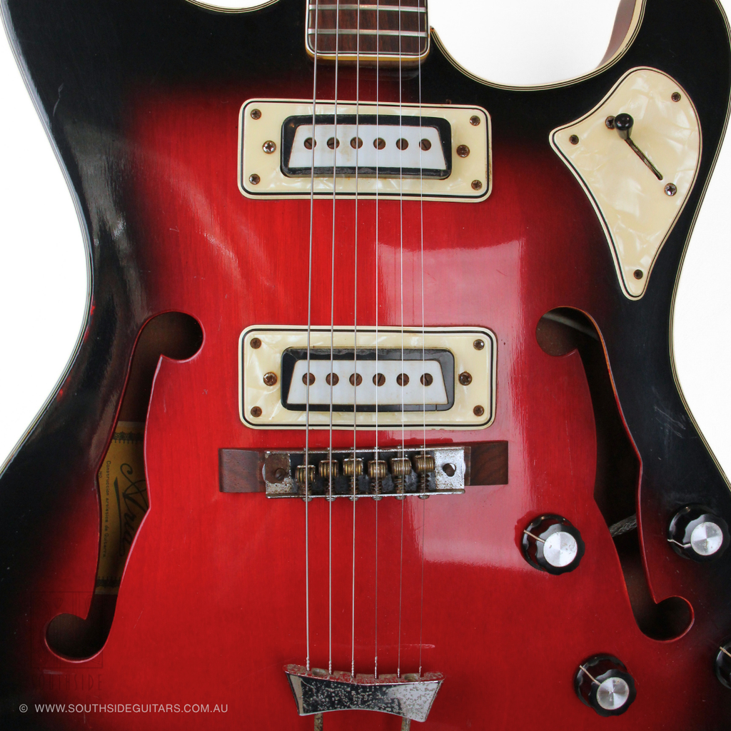 1960s Aria MIJ Offset Hollowbody Thinline Electric Guitar in Red Burst