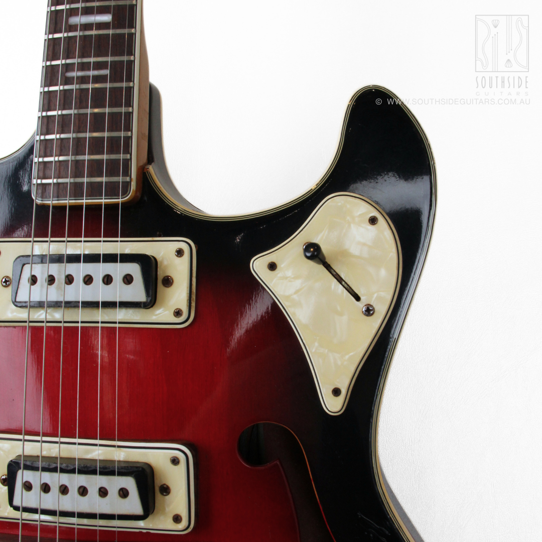 1960s Aria MIJ Offset Hollowbody Thinline Electric Guitar in Red Burst