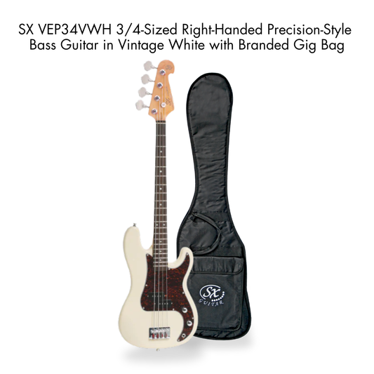 Southside Pack: SX VEP34VWH 3/4-Sized Right-Handed Precision-Style Bass Guitar in Vintage White