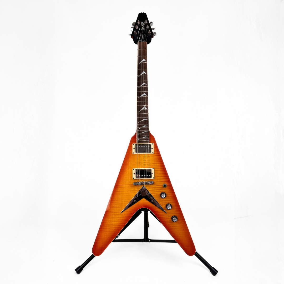 Hamer Vector F/T Flying V Electric Guitar in Flame Maple Style Transparent Amber Burst