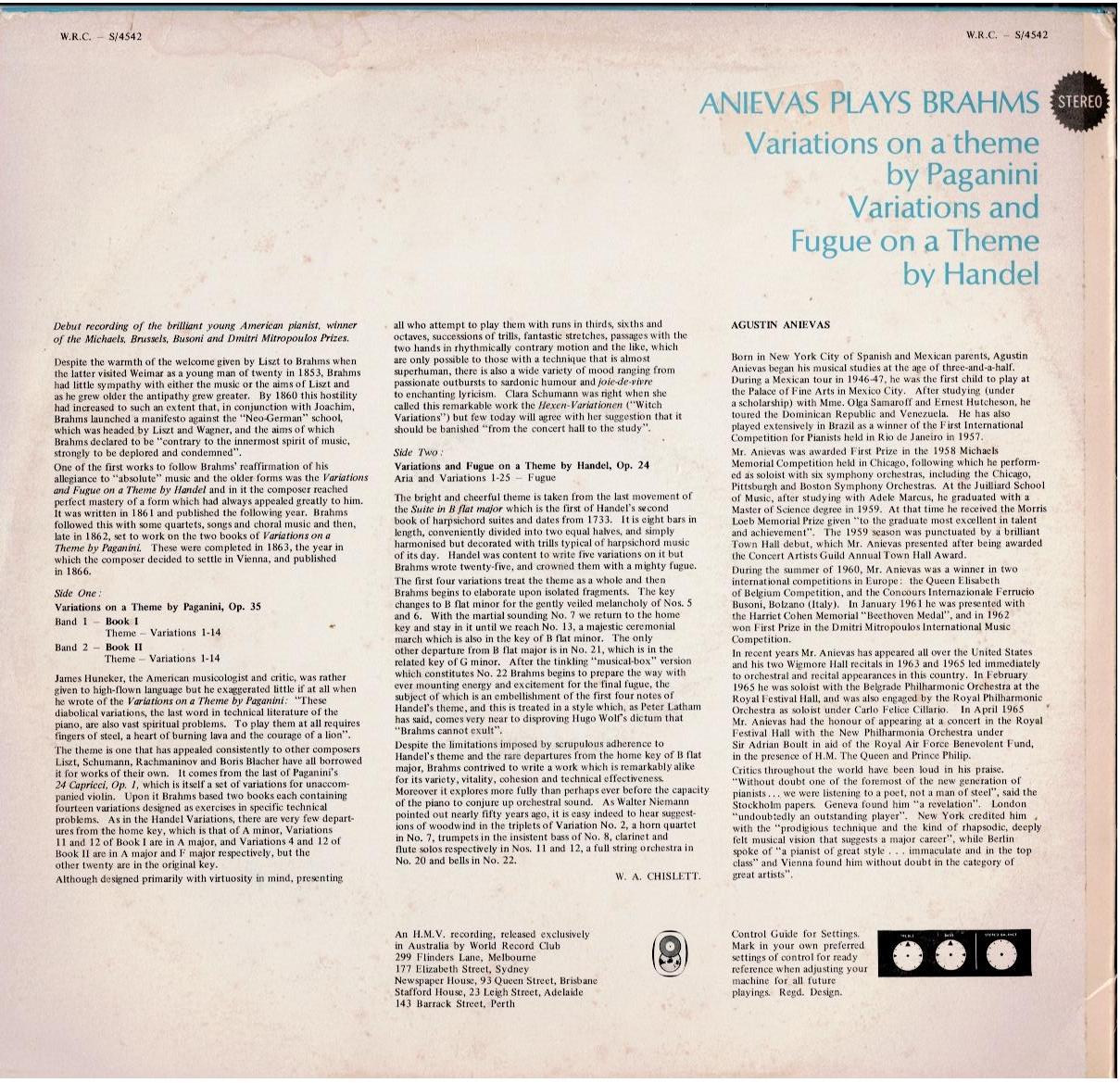 Brahms, Agustin Anievas – Anievas Plays Brahms (Vinyl, LP, Album, Club Edition, Stereo)