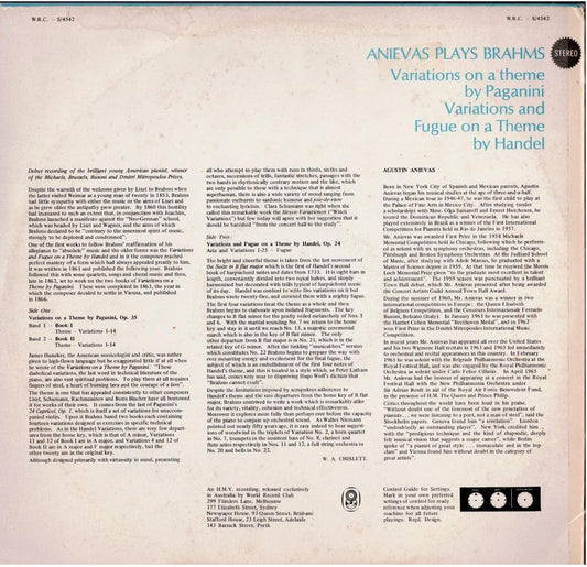 Brahms, Agustin Anievas – Anievas Plays Brahms (Vinyl, LP, Album, Club Edition, Stereo)