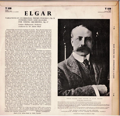 London Philharmonic Orchestra Conducted By Sir Adrian Boult - Elgar – Enigma Variations And Introduction And Allegro For Strings (Vinyl, LP, Album, Club Edition, Mono)