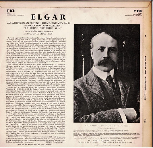 London Philharmonic Orchestra Conducted By Sir Adrian Boult - Elgar – Enigma Variations And Introduction And Allegro For Strings (Vinyl, LP, Album, Club Edition, Mono)