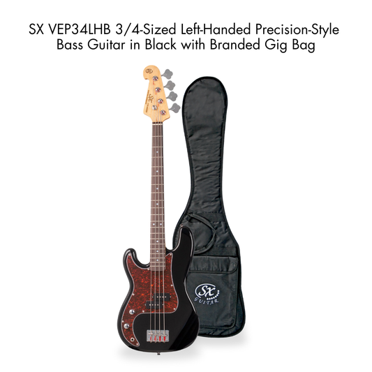 Southside Pack: SX VEP34LHB 3/4-Sized Left-Handed Precision-Style Bass Guitar in Black