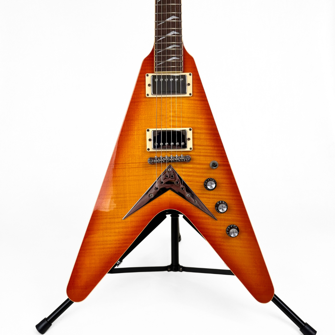 Hamer Vector F/T Flying V Electric Guitar in Flame Maple Style Transparent Amber Burst