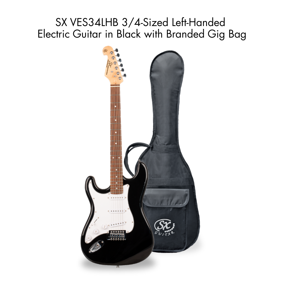 Southside Pack: SX VES34LHB 3/4-Sized Left-Handed Strat-Style Electric Guitar in Black