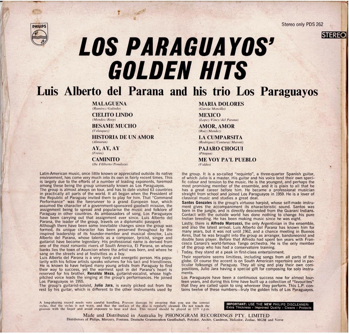 Luis Alberto Del Parana Y Los Paraguayos – Los Paraguayos' Golden Hits (Vinyl, LP, Compilation, Stereo)