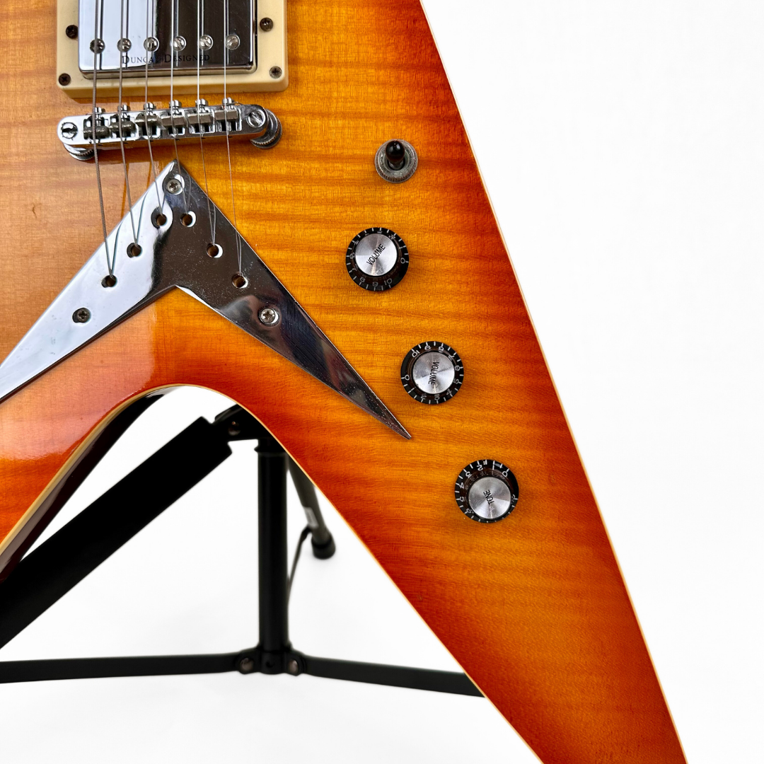 Hamer Vector F/T Flying V Electric Guitar in Flame Maple Style Transparent Amber Burst