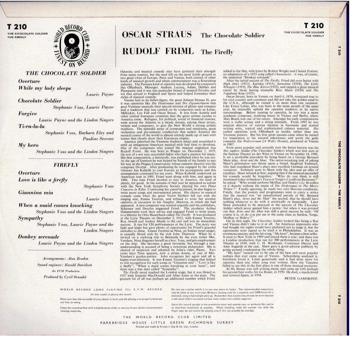 Oscar Straus / Rudolf Friml – The Chocolate Soldier / Firefly (Vinyl, LP, Album, Club Edition, Stereo)