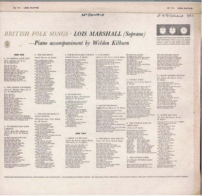 Lois Marshall – British Folk Songs (Vinyl, LP, Album, Club Edition, Mono)