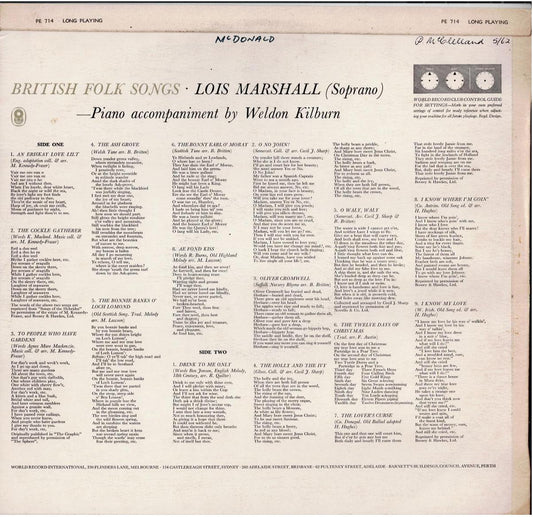 Lois Marshall – British Folk Songs (Vinyl, LP, Album, Club Edition, Mono)