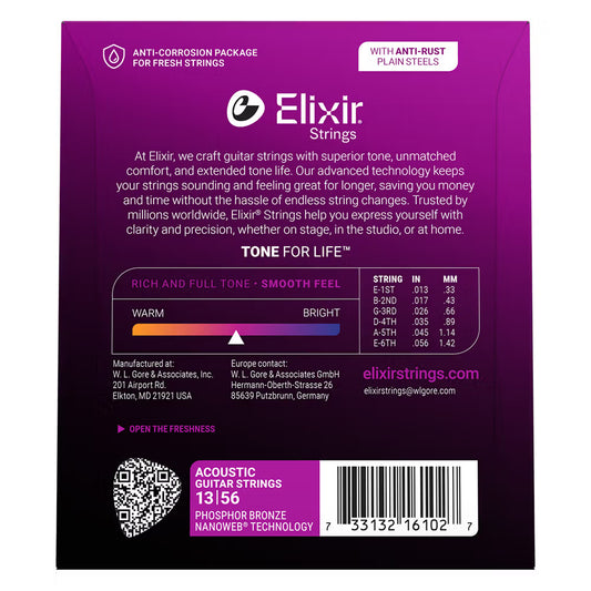 Elixir Nanoweb Phosphor Bronze Acoustic Guitar Strings E16102 Medium (13-56)
