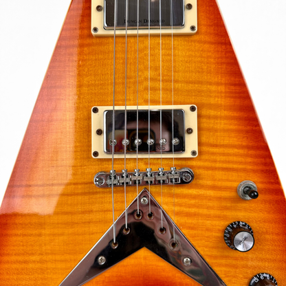 Hamer Vector F/T Flying V Electric Guitar in Flame Maple Style Transparent Amber Burst
