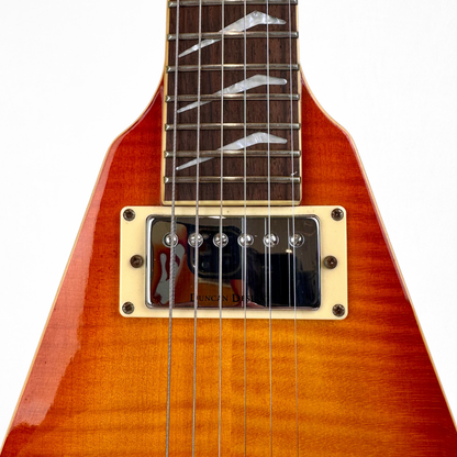 Hamer Vector F/T Flying V Electric Guitar in Flame Maple Style Transparent Amber Burst