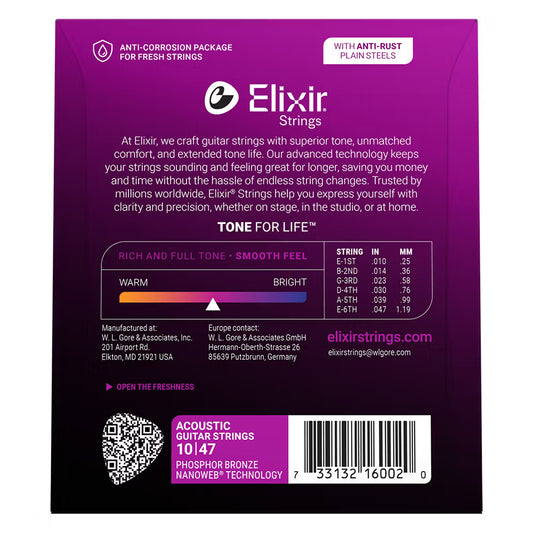 Elixir Nanoweb Phosphor Bronze Acoustic Guitar Strings E16002 Extra Light (10-47)