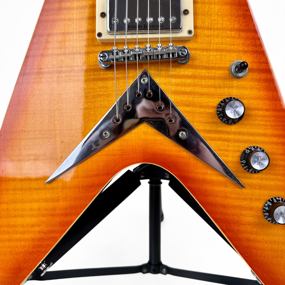 Hamer Vector F/T Flying V Electric Guitar in Flame Maple Style Transparent Amber Burst