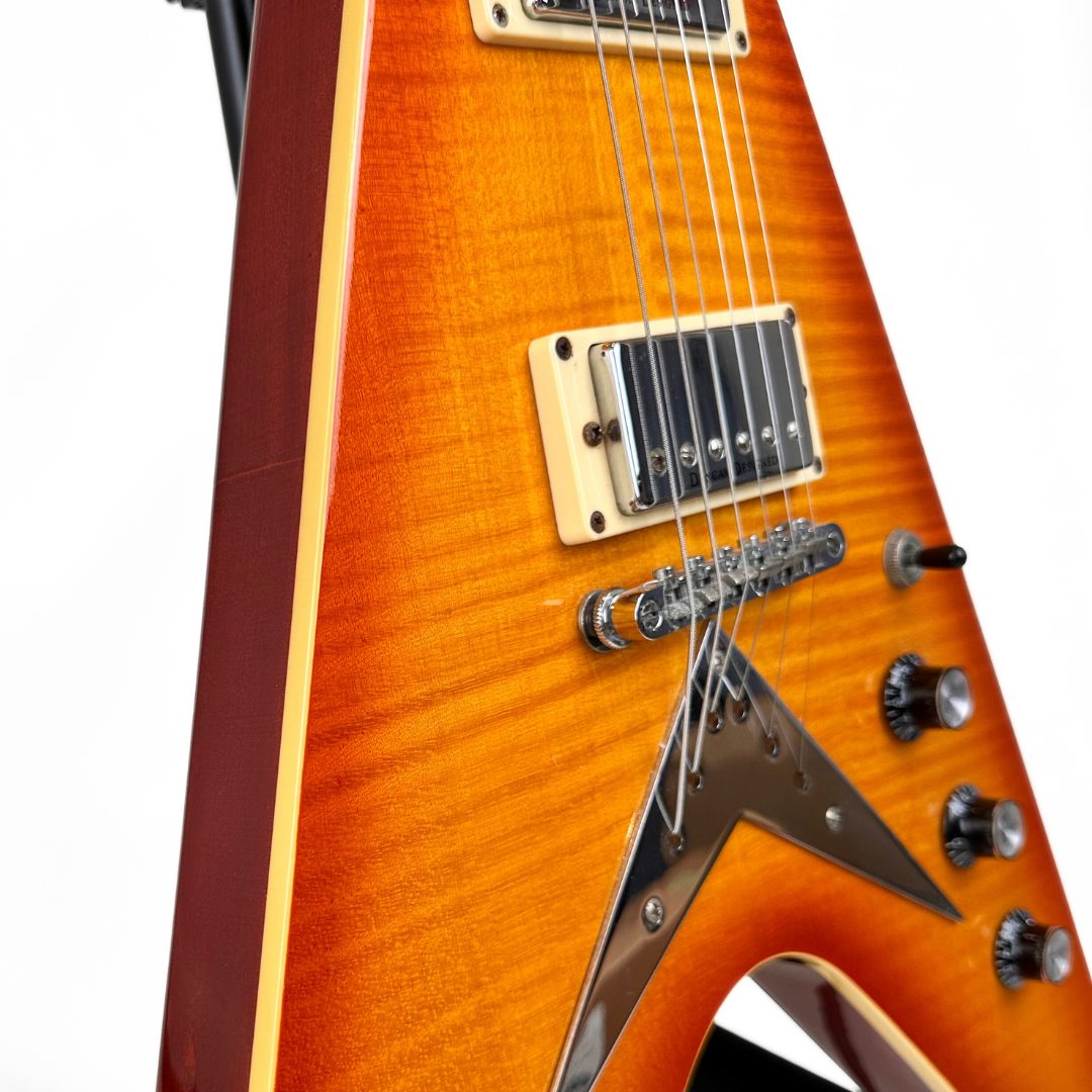 Hamer Vector F/T Flying V Electric Guitar in Flame Maple Style Transparent Amber Burst