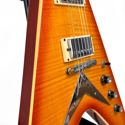Hamer Vector F/T Flying V Electric Guitar in Flame Maple Style Transparent Amber Burst