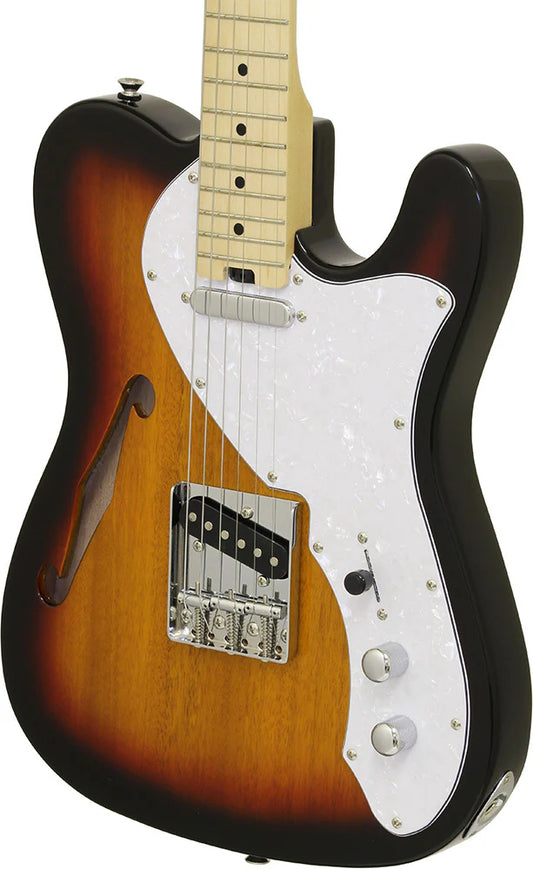 Aria 615-TL Series Semi-Hollow Electric Guitar in 3-Tone Sunburst Gloss