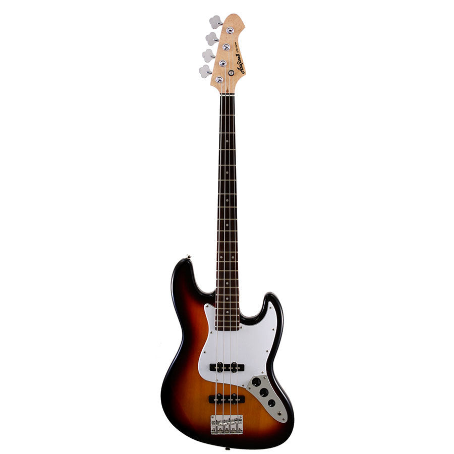 Aria STB-JB Series Electric Bass Guitar in 3-Tone Sunburst with White Pickguard