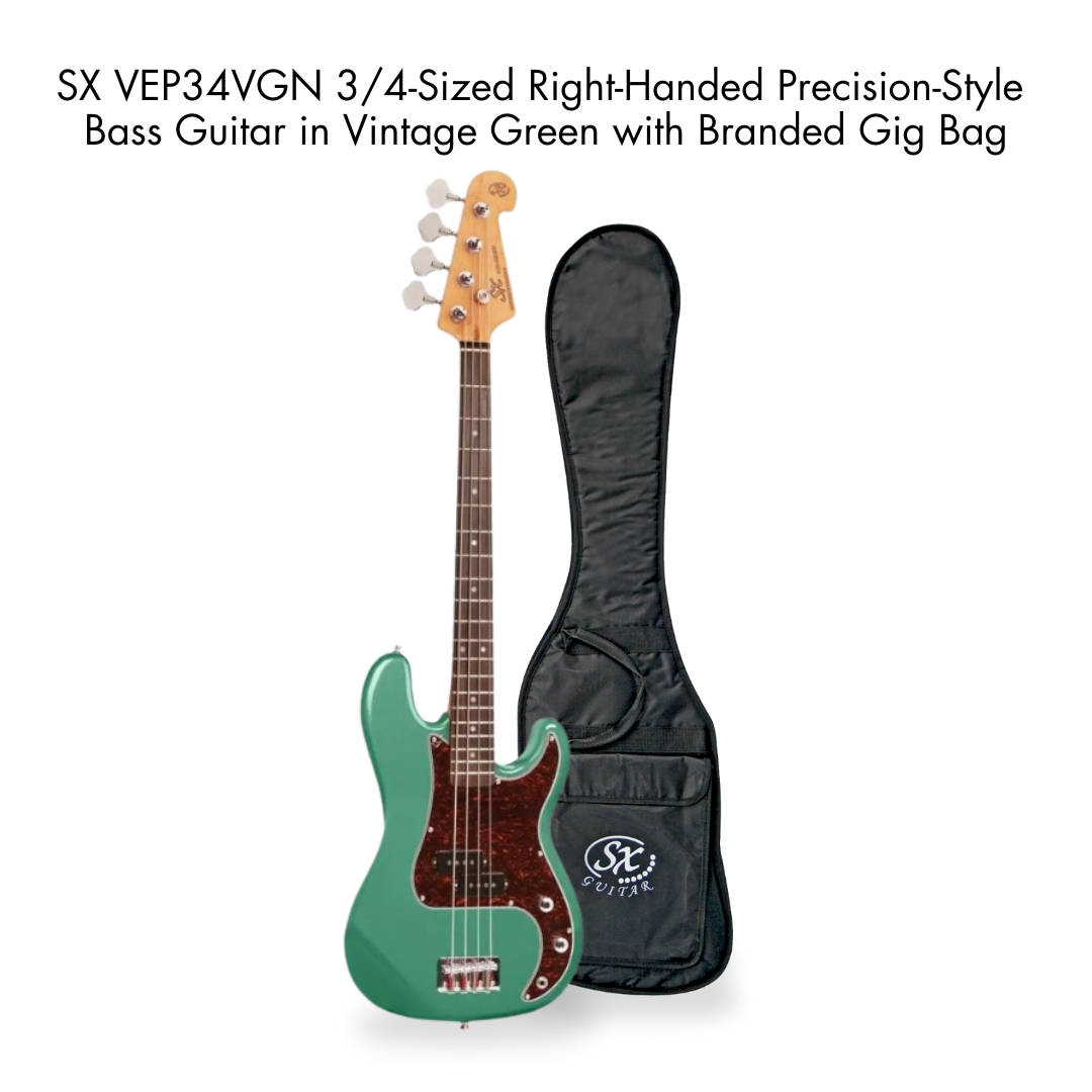 Southside Pack: SX VEP34VGN 3/4-Sized Right-Handed Precision-Style Bass Guitar in Vintage Green