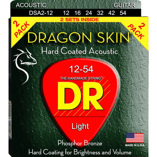 DR DSA-2/12 Dragon Skin Hard Coated Phosphor Bronze Acoustic Strings 12-54 (2 Pack)