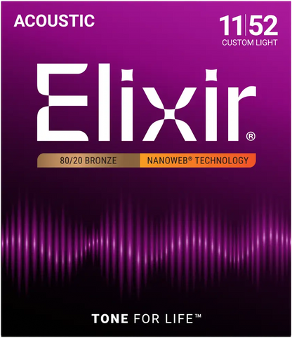 Elixir Nanoweb 80/20 Bronze Acoustic Guitar Strings E11027 Custom Light (11-52)
