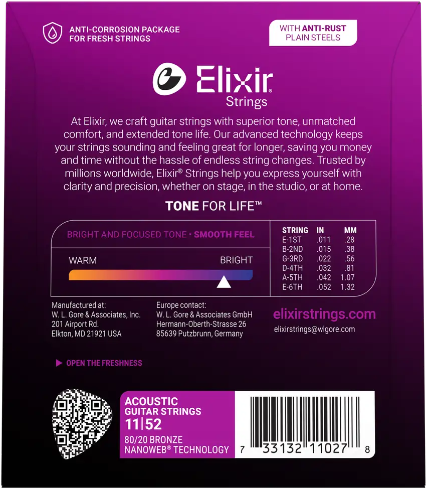 Elixir Nanoweb 80/20 Bronze Acoustic Guitar Strings E11027 Custom Light (11-52)