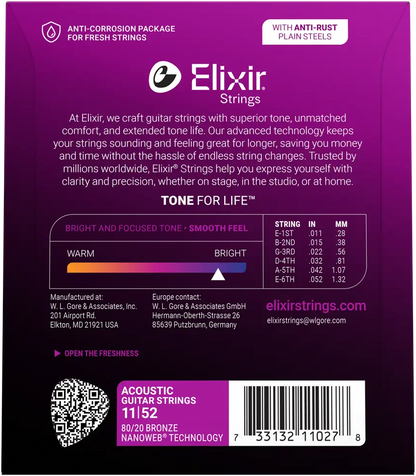 Elixir Nanoweb 80/20 Bronze Acoustic Guitar Strings E11027 Custom Light (11-52)