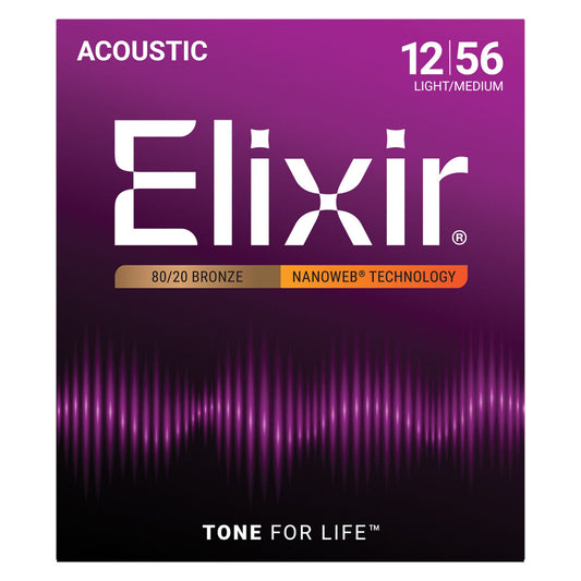 Elixir 11077 Nanoweb 80/20 Acoustic Guitar Strings - Light-Med 12-56