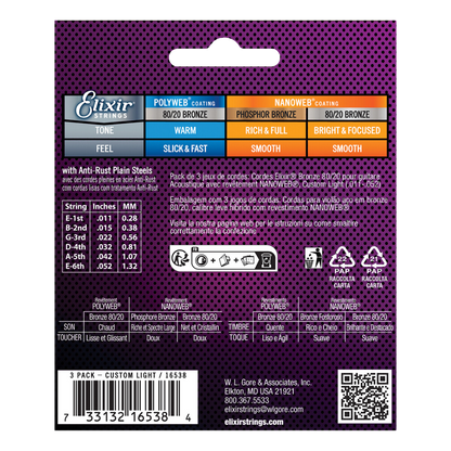 Elixir Nanoweb 80/20 Bronze Acoustic Guitar Strings (3 Pack) E16538 Custom Light (11-52)