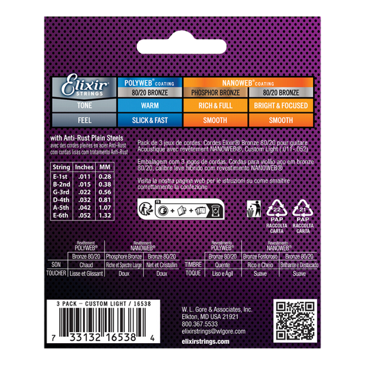 Elixir Nanoweb 80/20 Bronze Acoustic Guitar Strings (3 Pack) E16538 Custom Light (11-52)