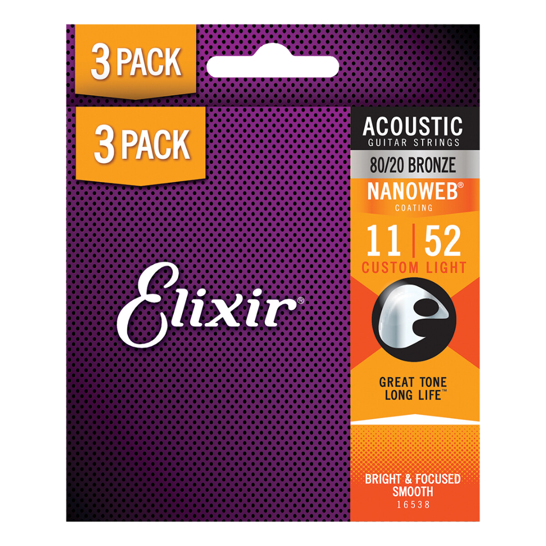 Elixir Nanoweb 80/20 Bronze Acoustic Guitar Strings (3 Pack) E16538 Custom Light (11-52)