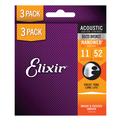 Elixir Nanoweb 80/20 Bronze Acoustic Guitar Strings (3 Pack) E16538 Custom Light (11-52)