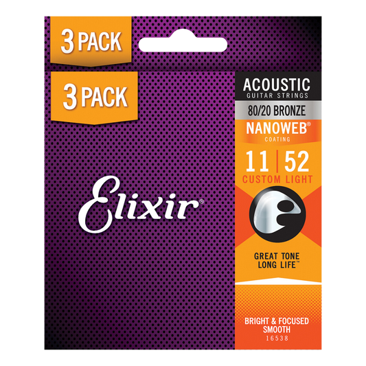 Elixir Nanoweb 80/20 Bronze Acoustic Guitar Strings (3 Pack) E16538 Custom Light (11-52)