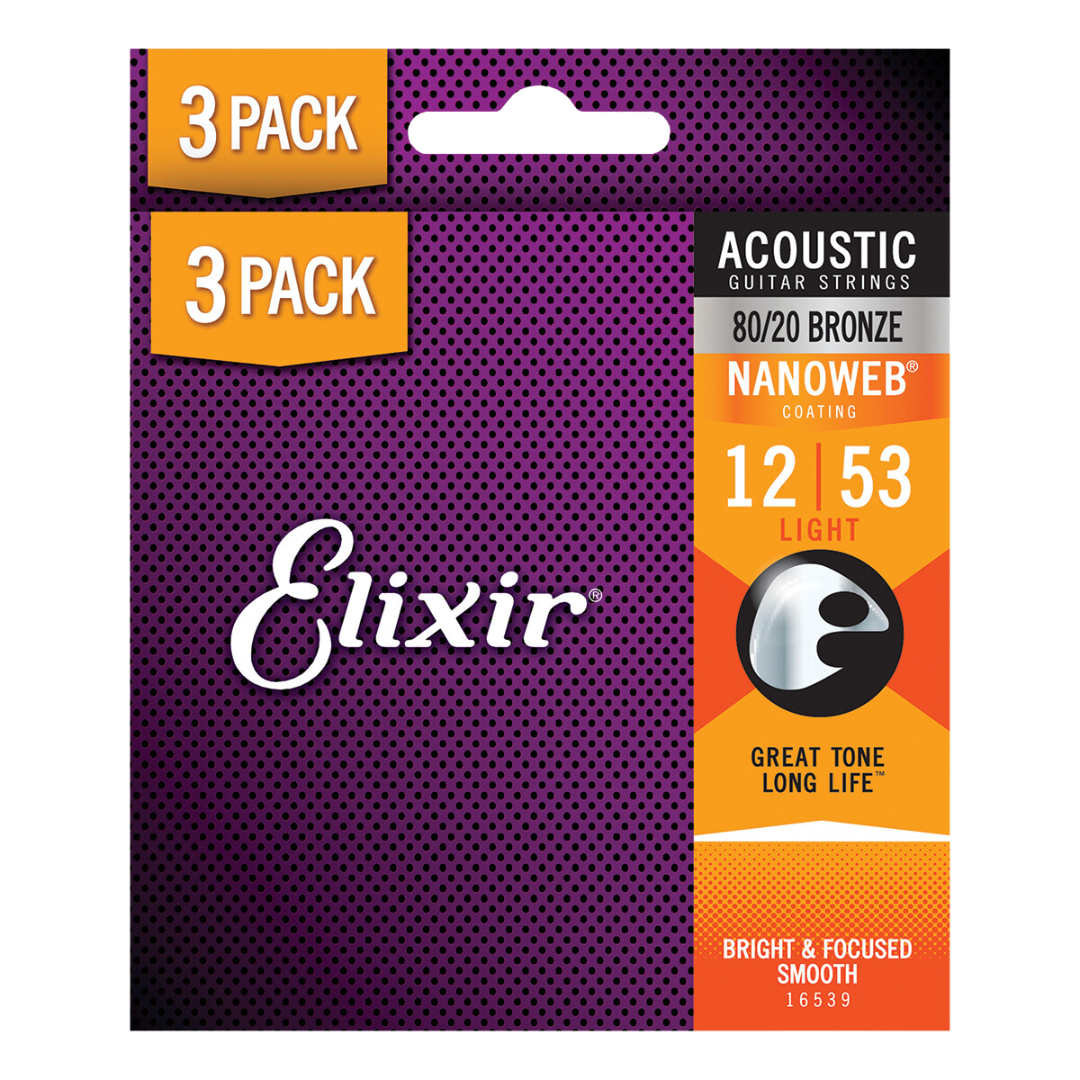 Elixir Nanoweb 80/20 Bronze Acoustic Guitar Strings (3 Pack) (Assorted Gauges)