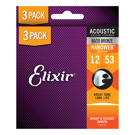 Elixir Nanoweb 80/20 Bronze Acoustic Guitar Strings (3 Pack) E16539 Light (12-53)