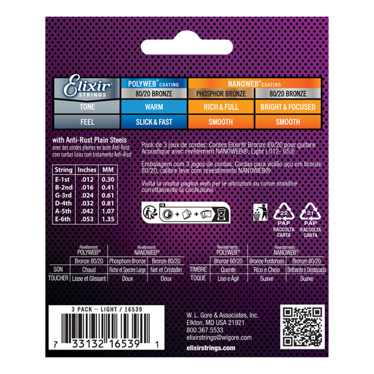 Elixir Nanoweb 80/20 Bronze Acoustic Guitar Strings (3 Pack) E16539 Light (12-53)
