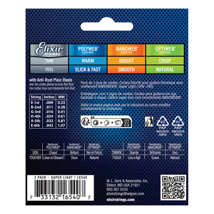 Elixir Nanoweb Nickel Plated Steel Electric Guitar Strings (3 Pack) E16540 Super Light (9-42)
