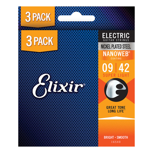 Elixir Nanoweb Nickel Plated Steel Electric Guitar Strings (3 Pack) E16540 Super Light (9-42)