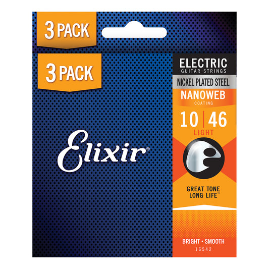 Elixir Nanoweb Nickel Plated Steel Electric Guitar Strings (3 Pack) E16542 Light (10-46)